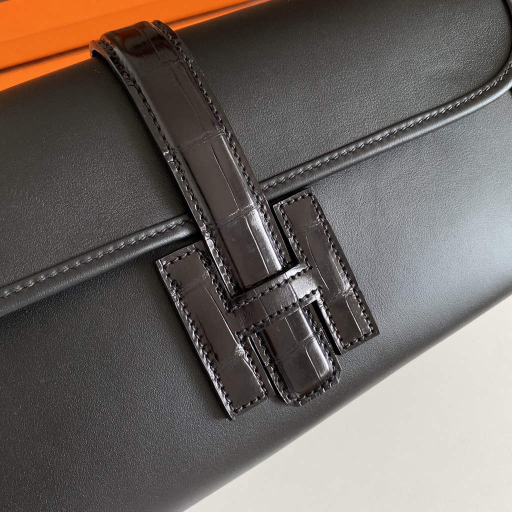 Hermes Jige Elan 29cm Wallet Clutch Swift Leather Crocodile Black