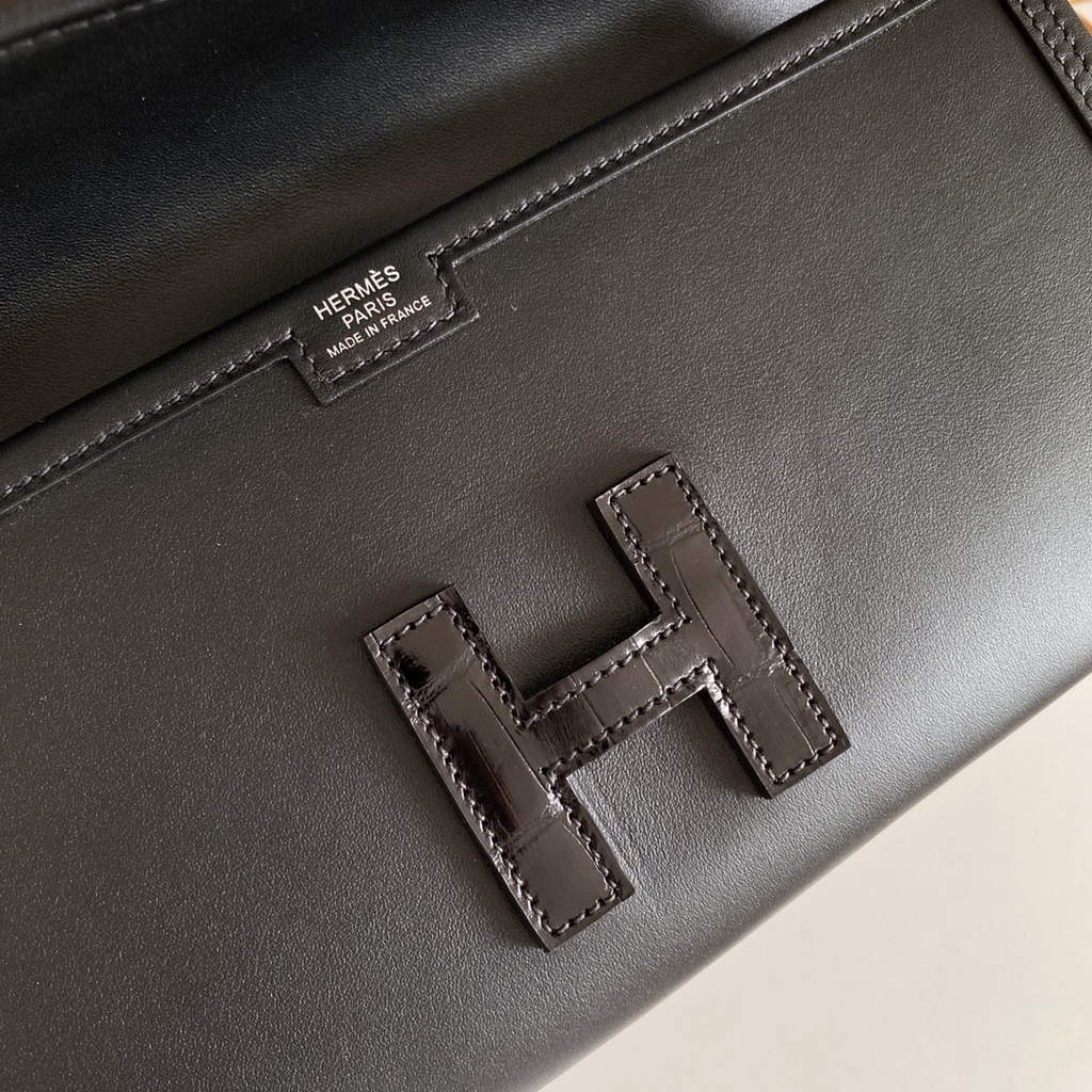 Hermes Jige Elan 29cm Wallet Clutch Swift Leather Crocodile Black
