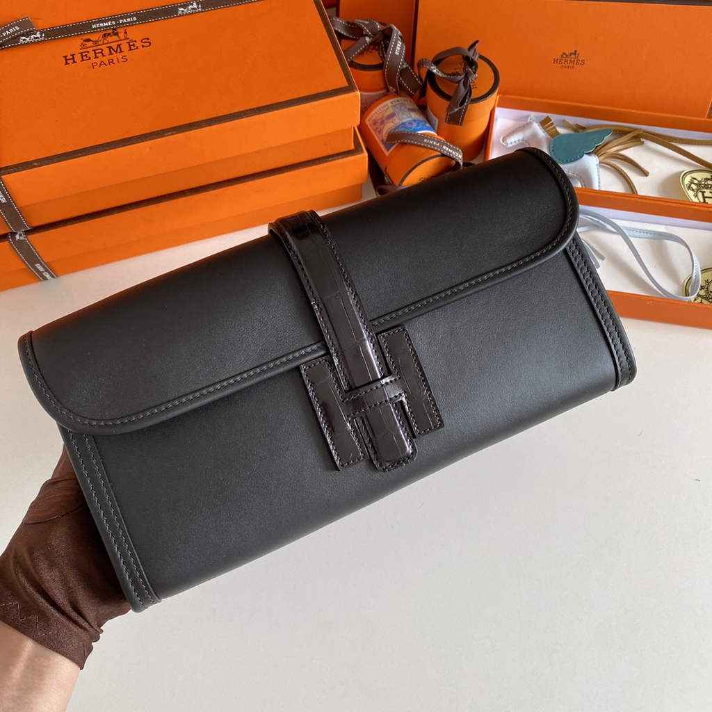 Hermes Jige Elan 29cm Wallet Clutch Swift Leather Crocodile Black