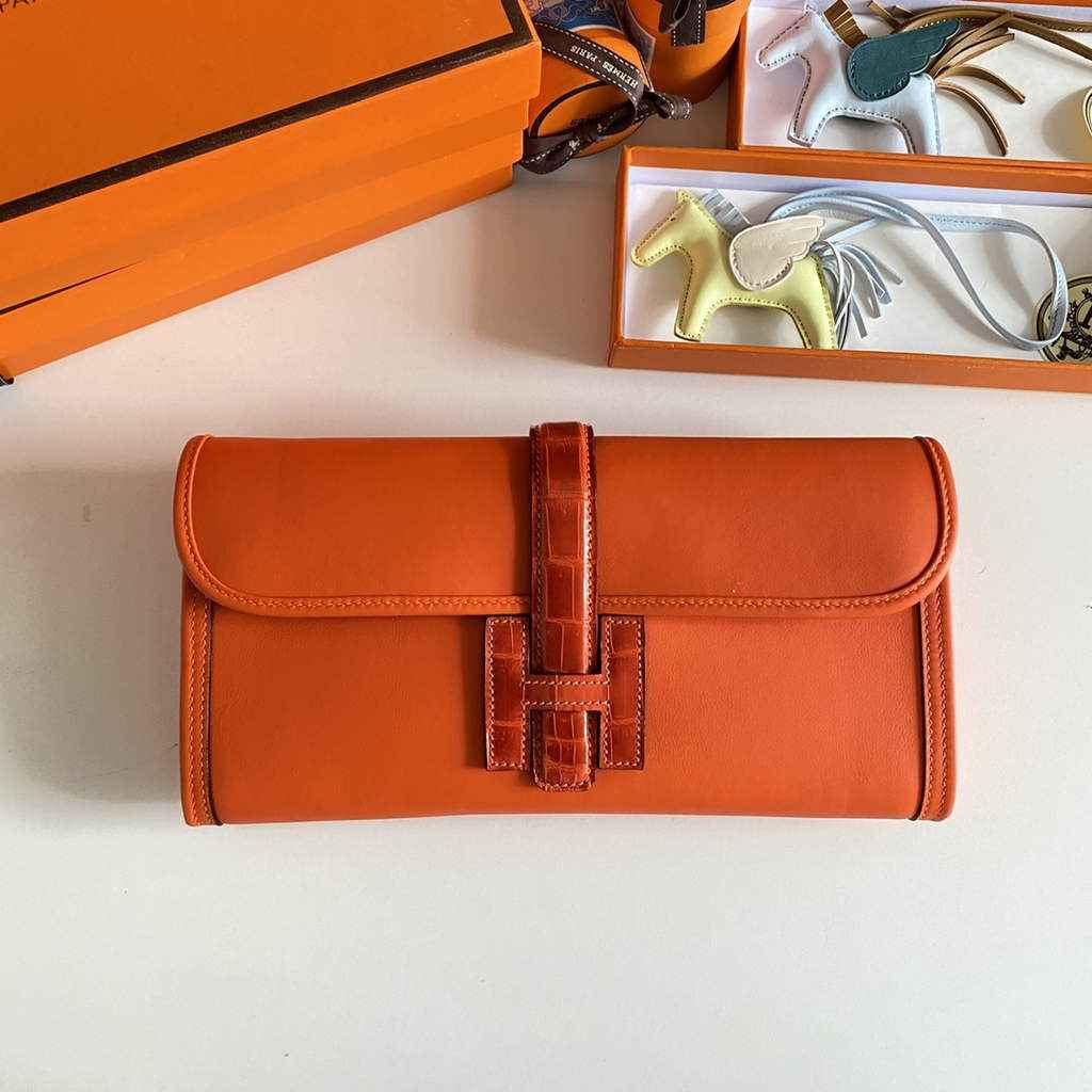 Hermes Jige Elan 29cm Wallet Clutch Swift Leather Crocodile Orange