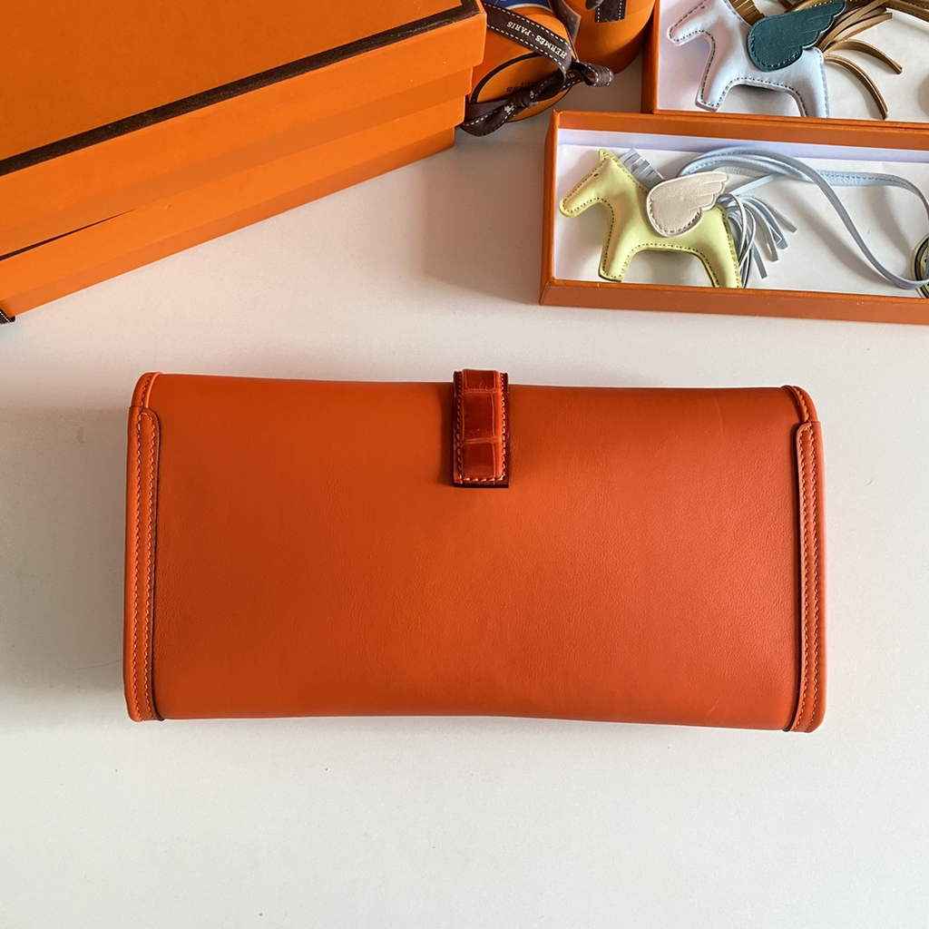 Hermes Jige Elan 29cm Wallet Clutch Swift Leather Crocodile Orange