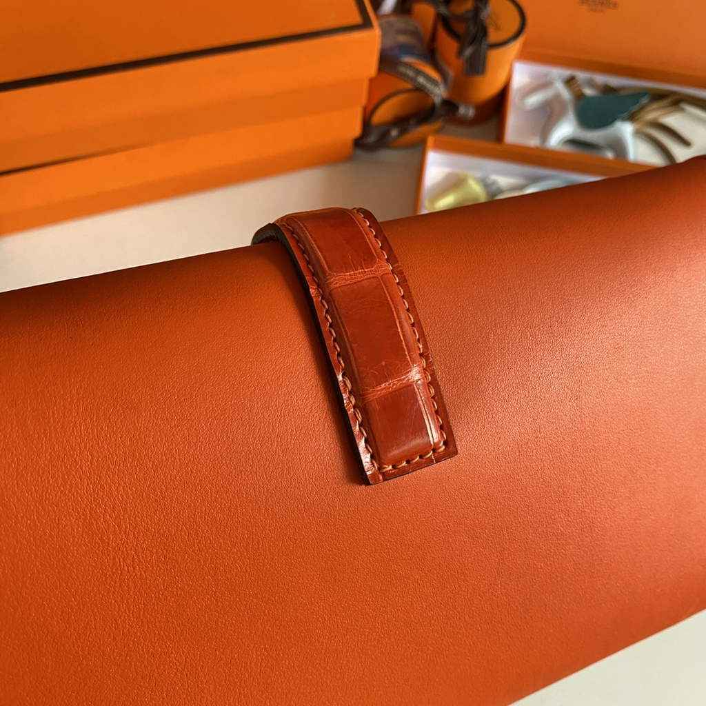 Hermes Jige Elan 29cm Wallet Clutch Swift Leather Crocodile Orange