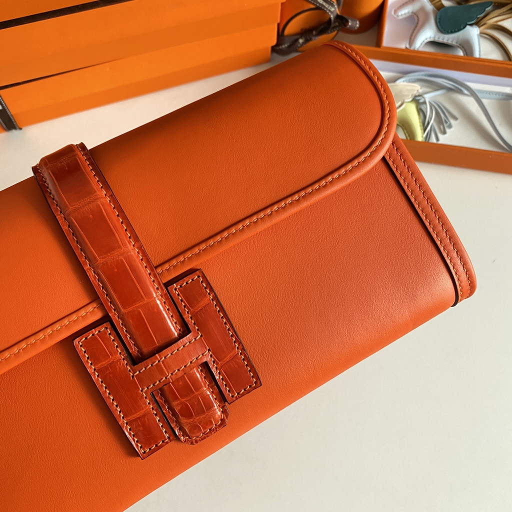 Hermes Jige Elan 29cm Wallet Clutch Swift Leather Crocodile Orange