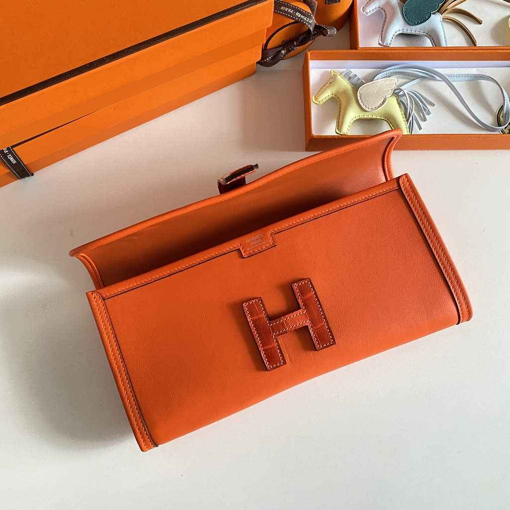 Hermes Jige Elan 29cm Wallet Clutch Swift Leather Crocodile Orange