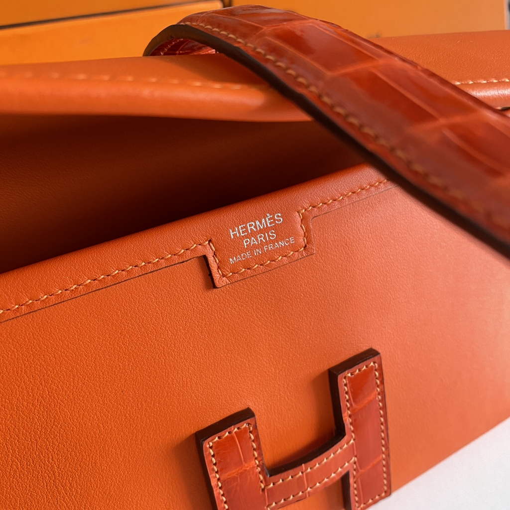 Hermes Jige Elan 29cm Wallet Clutch Swift Leather Crocodile Orange