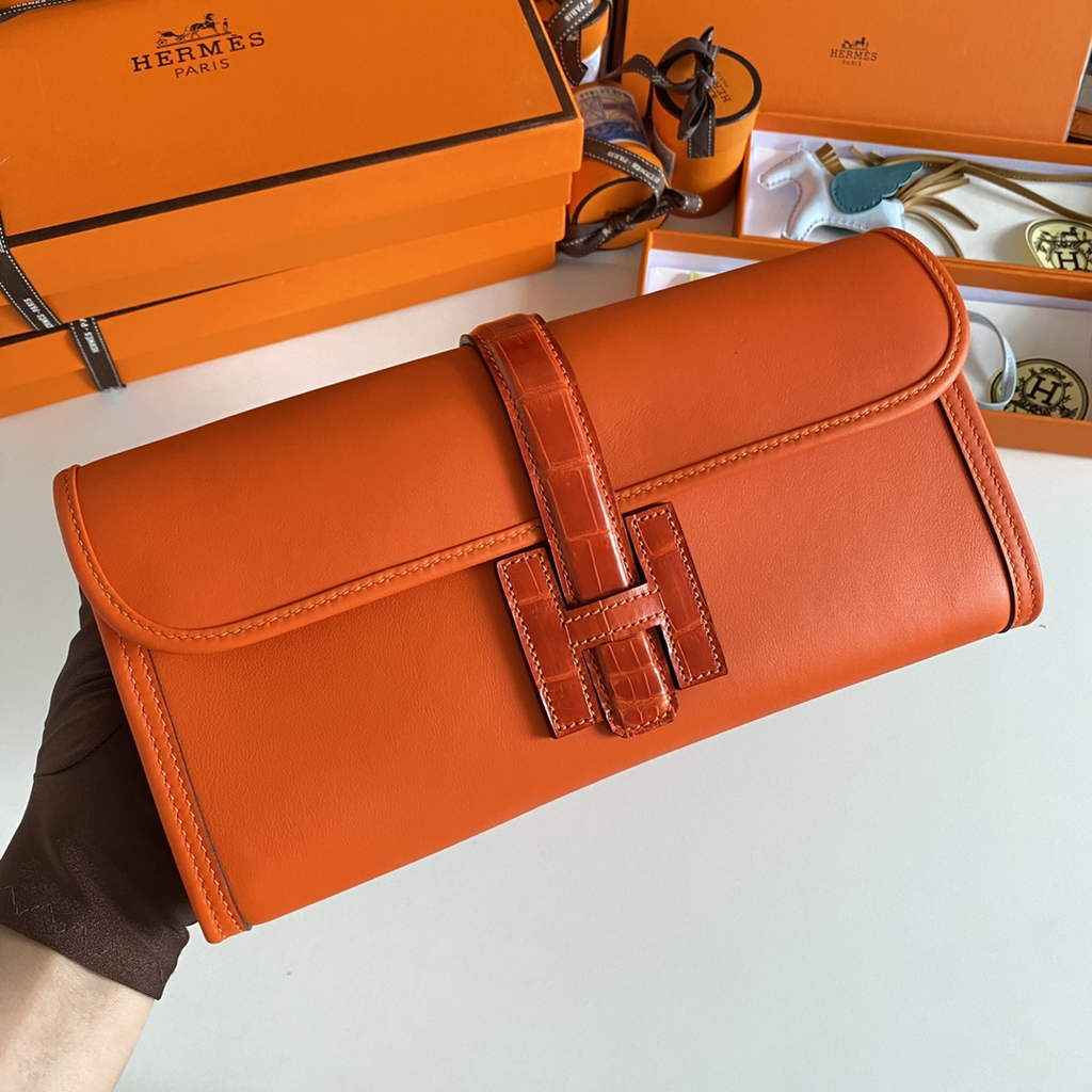Hermes Jige Elan 29cm Wallet Clutch Swift Leather Crocodile Orange