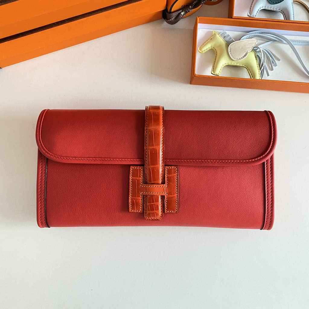 Hermes Jige Elan 29cm Wallet Clutch Swift Leather Crocodile Red