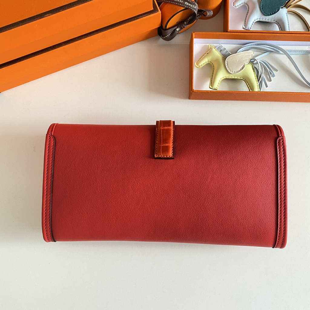 Hermes Jige Elan 29cm Wallet Clutch Swift Leather Crocodile Red