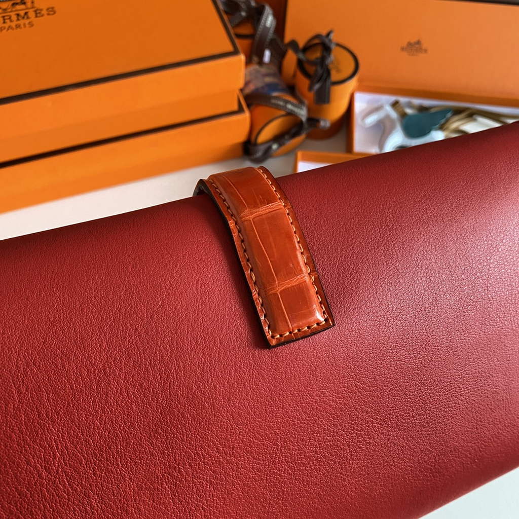 Hermes Jige Elan 29cm Wallet Clutch Swift Leather Crocodile Red