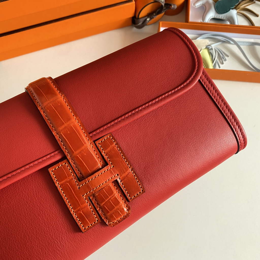 Hermes Jige Elan 29cm Wallet Clutch Swift Leather Crocodile Red