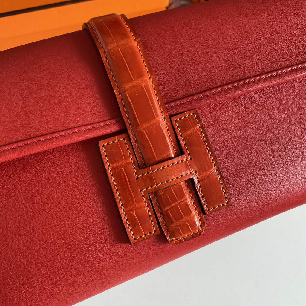 Hermes Jige Elan 29cm Wallet Clutch Swift Leather Crocodile Red