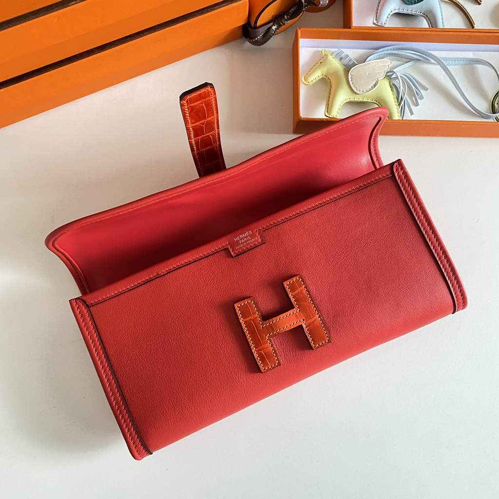 Hermes Jige Elan 29cm Wallet Clutch Swift Leather Crocodile Red