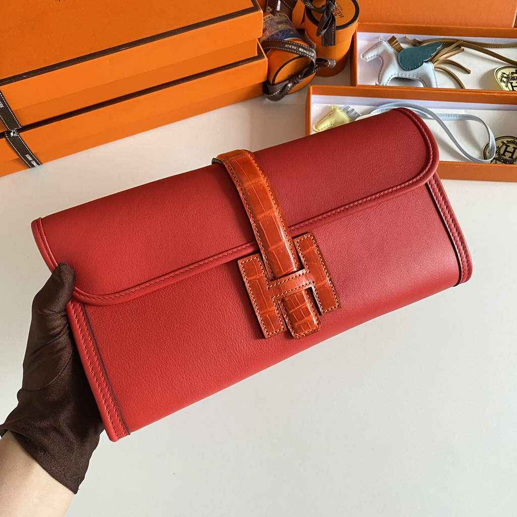Hermes Jige Elan 29cm Wallet Clutch Swift Leather Crocodile Red