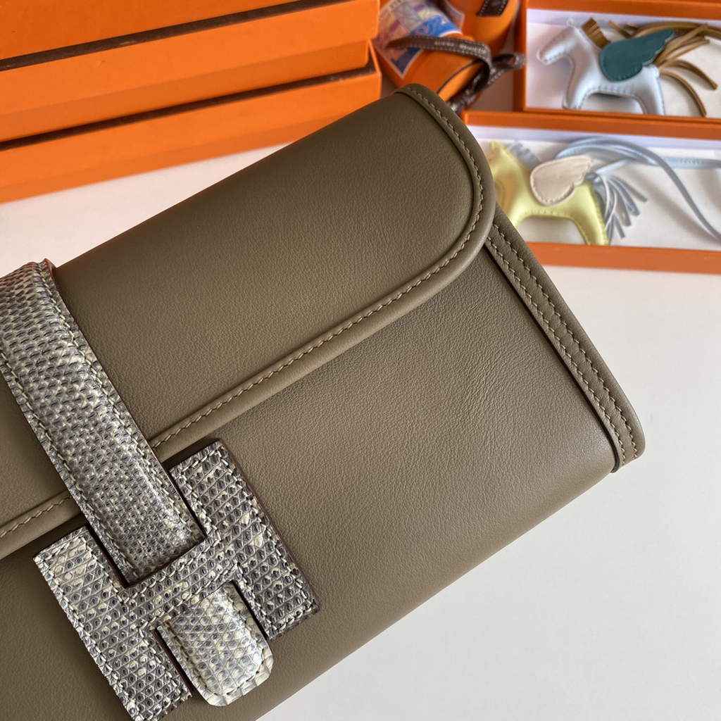 Hermes Jige Elan 29cm Wallet Clutch Swift Leather Gray lizard