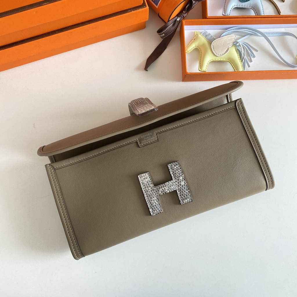 Hermes Jige Elan 29cm Wallet Clutch Swift Leather Gray lizard