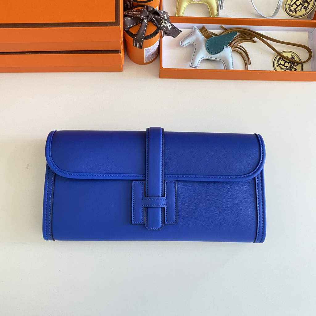Hermes Jige Elan 29cm Wallet Clutch Swift Leather In Dark Blue