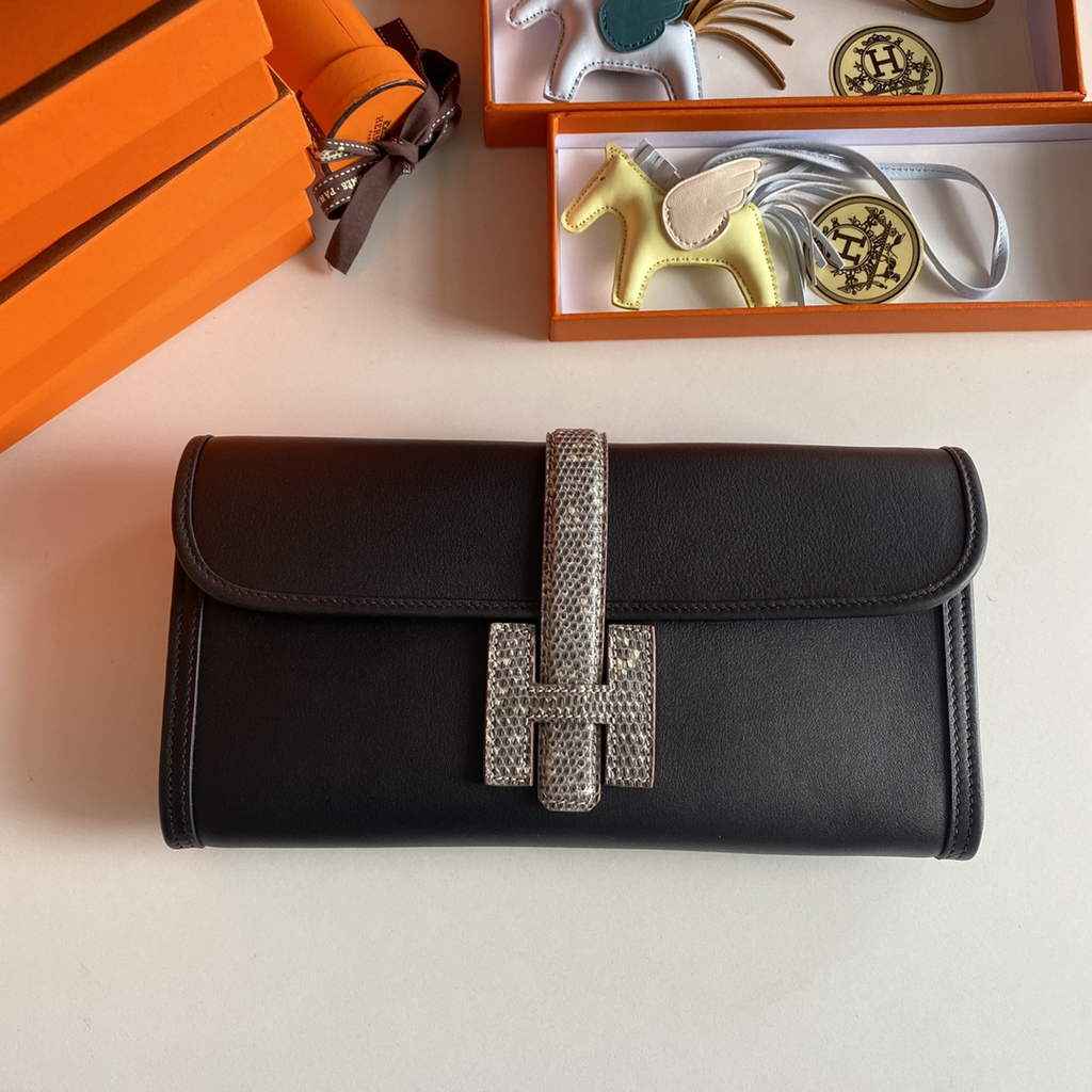 Hermes Jige Elan 29cm Wallet Clutch Swift Leather lizard Black