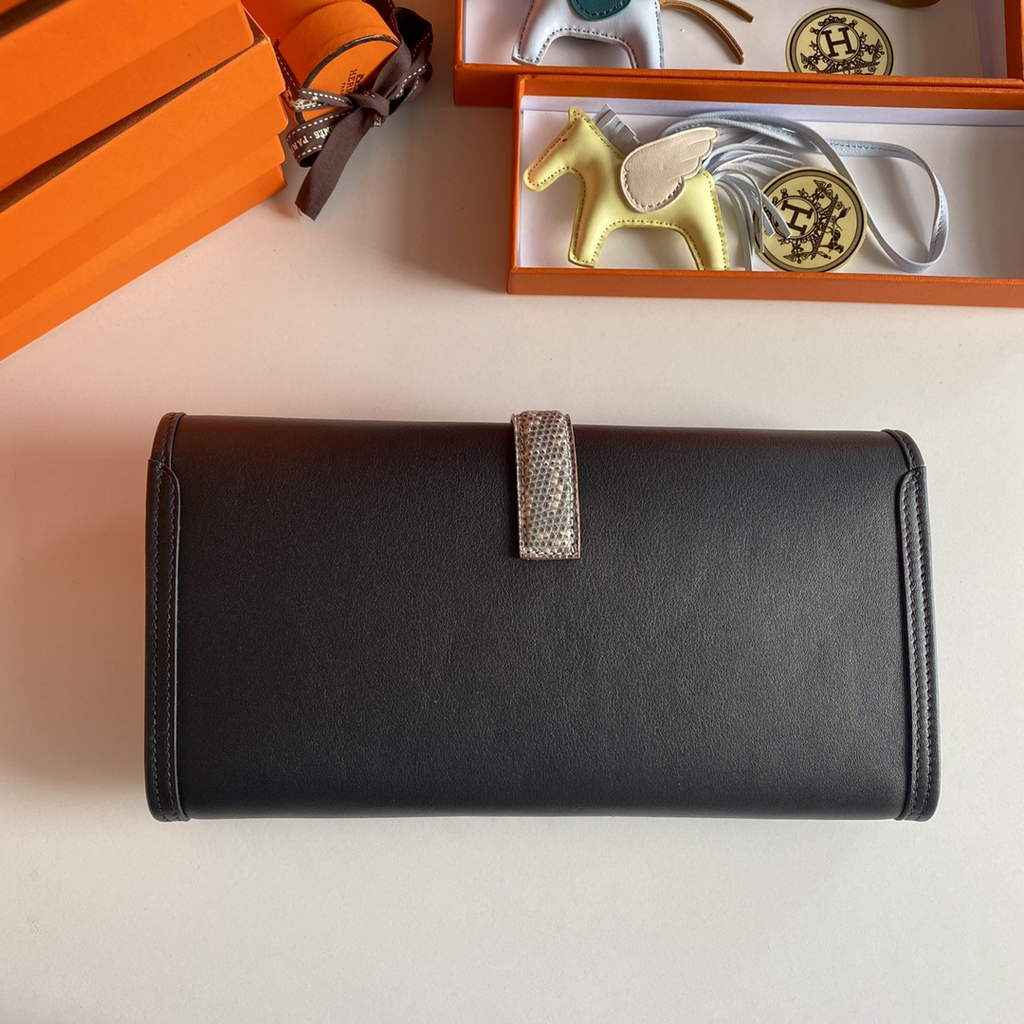 Hermes Jige Elan 29cm Wallet Clutch Swift Leather lizard Black