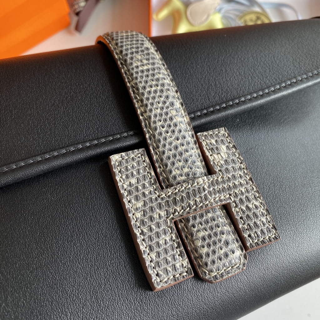 Hermes Jige Elan 29cm Wallet Clutch Swift Leather lizard Black