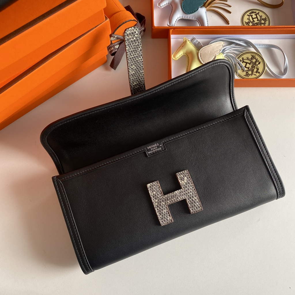 Hermes Jige Elan 29cm Wallet Clutch Swift Leather lizard Black