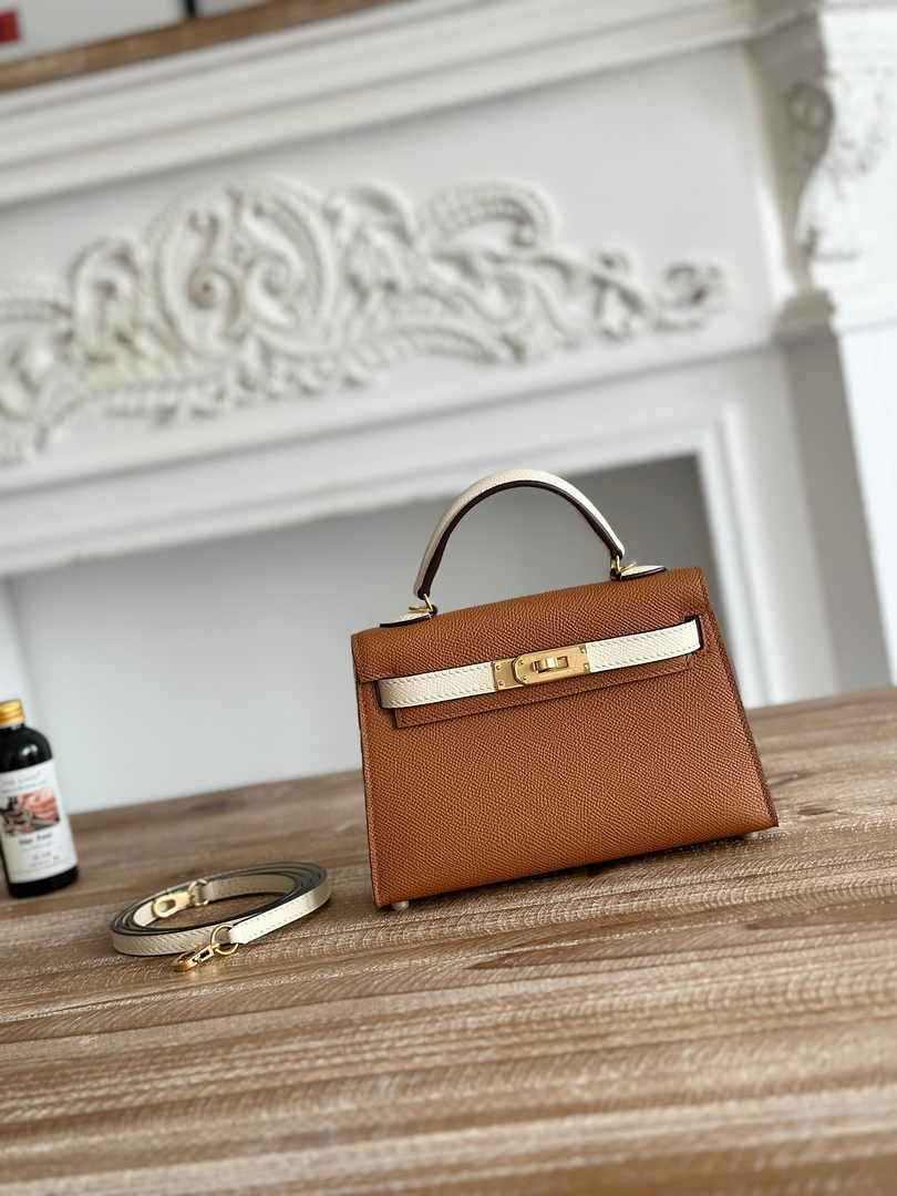 Hermes Kelly Bag 19 Epsom Leather Brown Beige Gold H82337