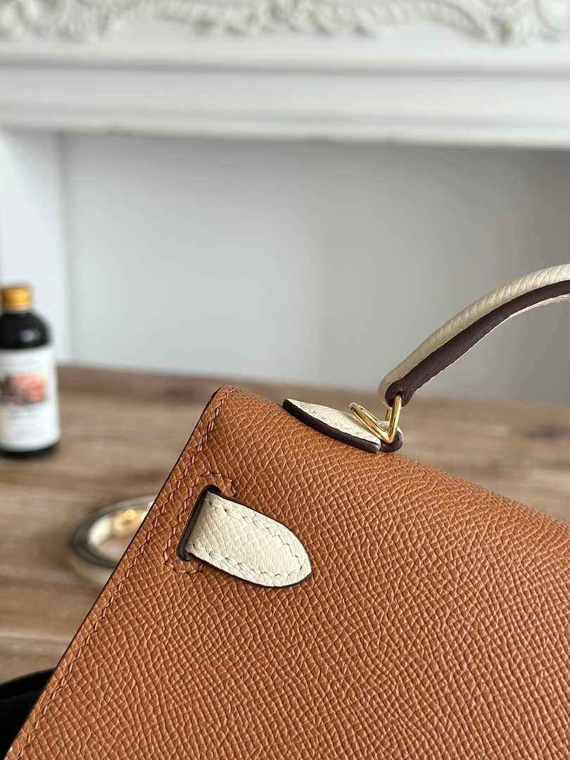 Hermes Kelly Bag 19 Epsom Leather Brown Beige Gold H82337