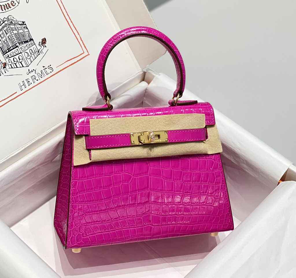 Hermes Kelly Bag 20 Plum Crocodile Leather Gold Hardware H7300