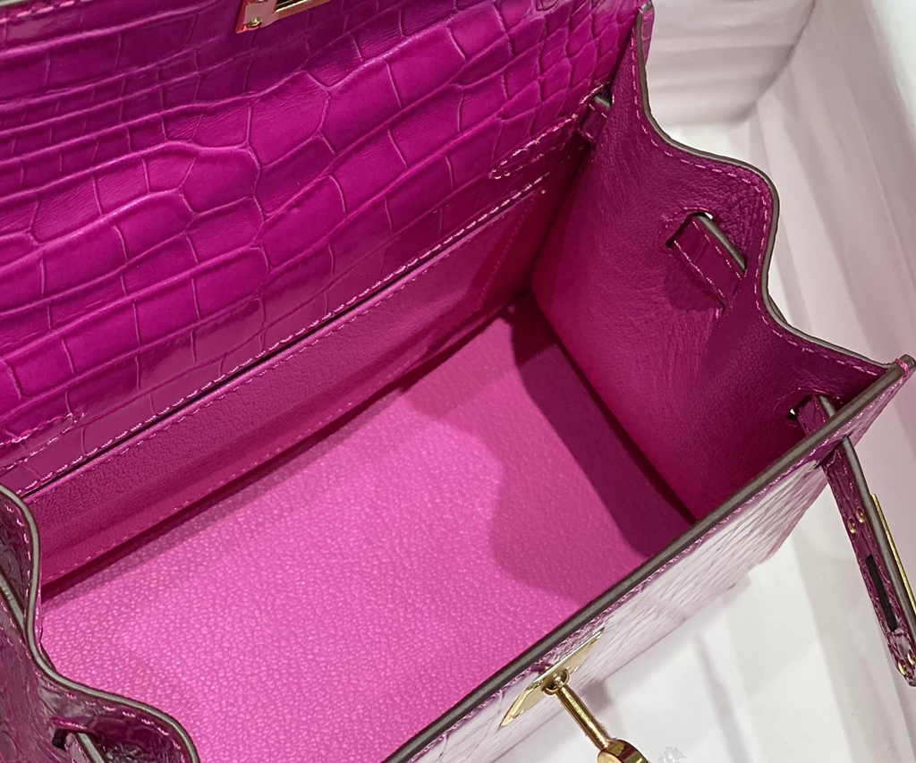 Hermes Kelly Bag 20 Plum Crocodile Leather Gold Hardware H7300