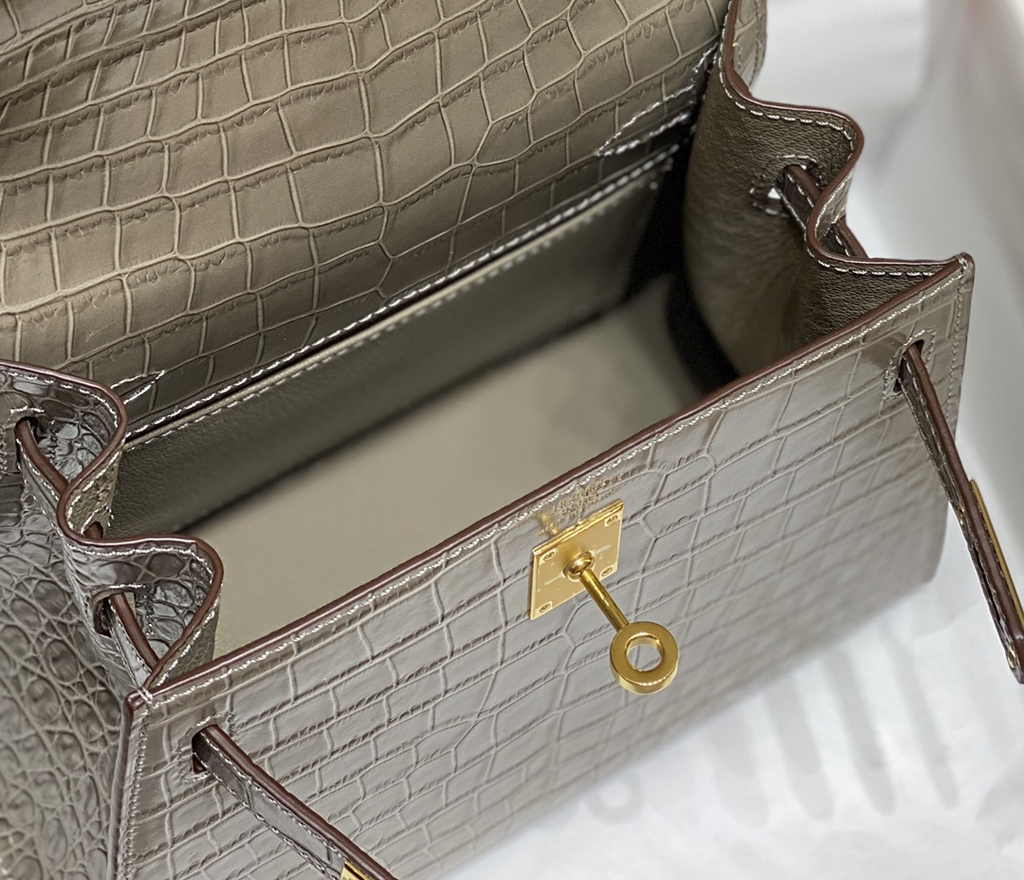 Hermes Kelly Bag 20 Gray Crocodile Leather Gold Hardware H7303