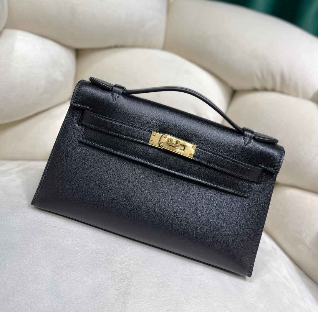 Hermes Kelly Bag 22 Black Swift Leather Gold Hardware