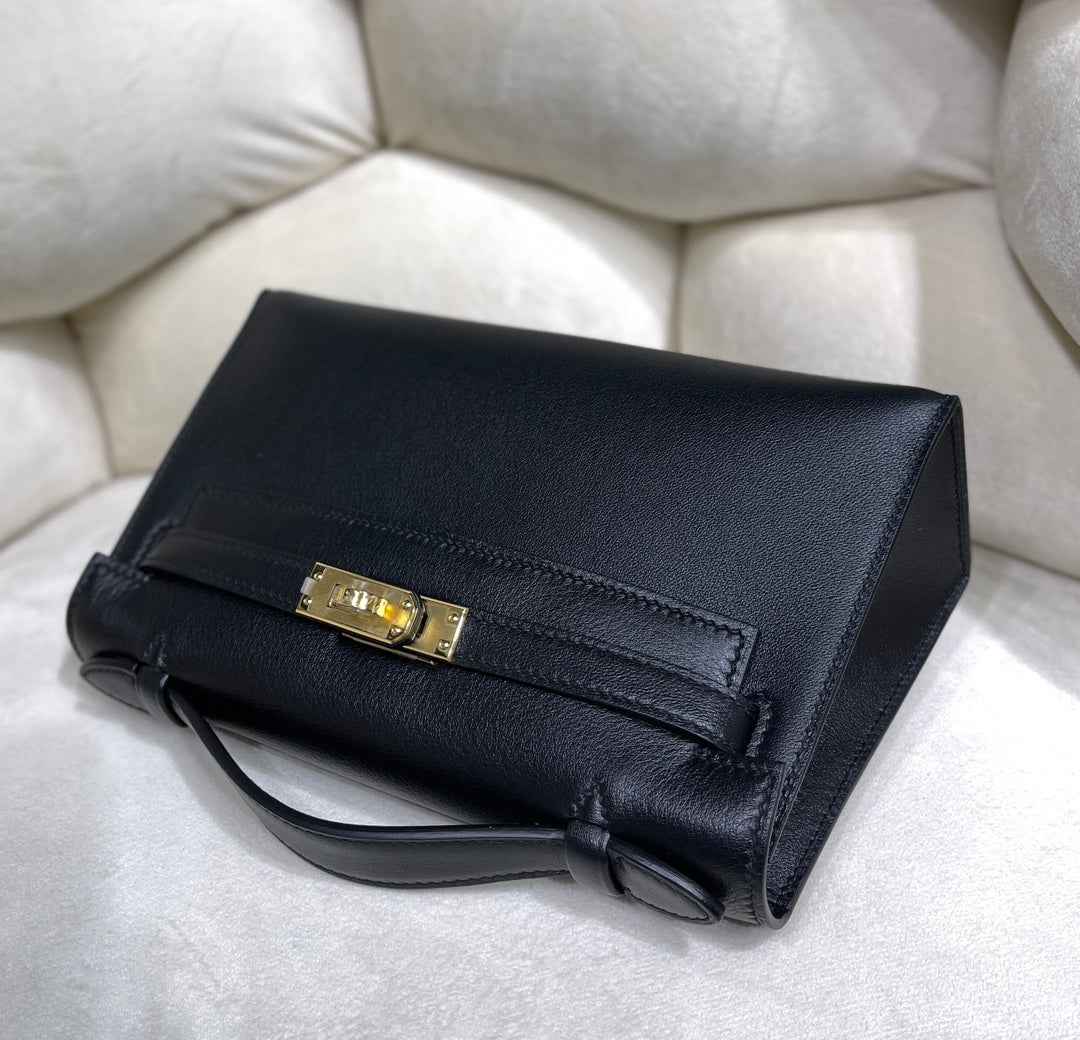 Hermes Kelly Bag 22 Black Swift Leather Gold Hardware