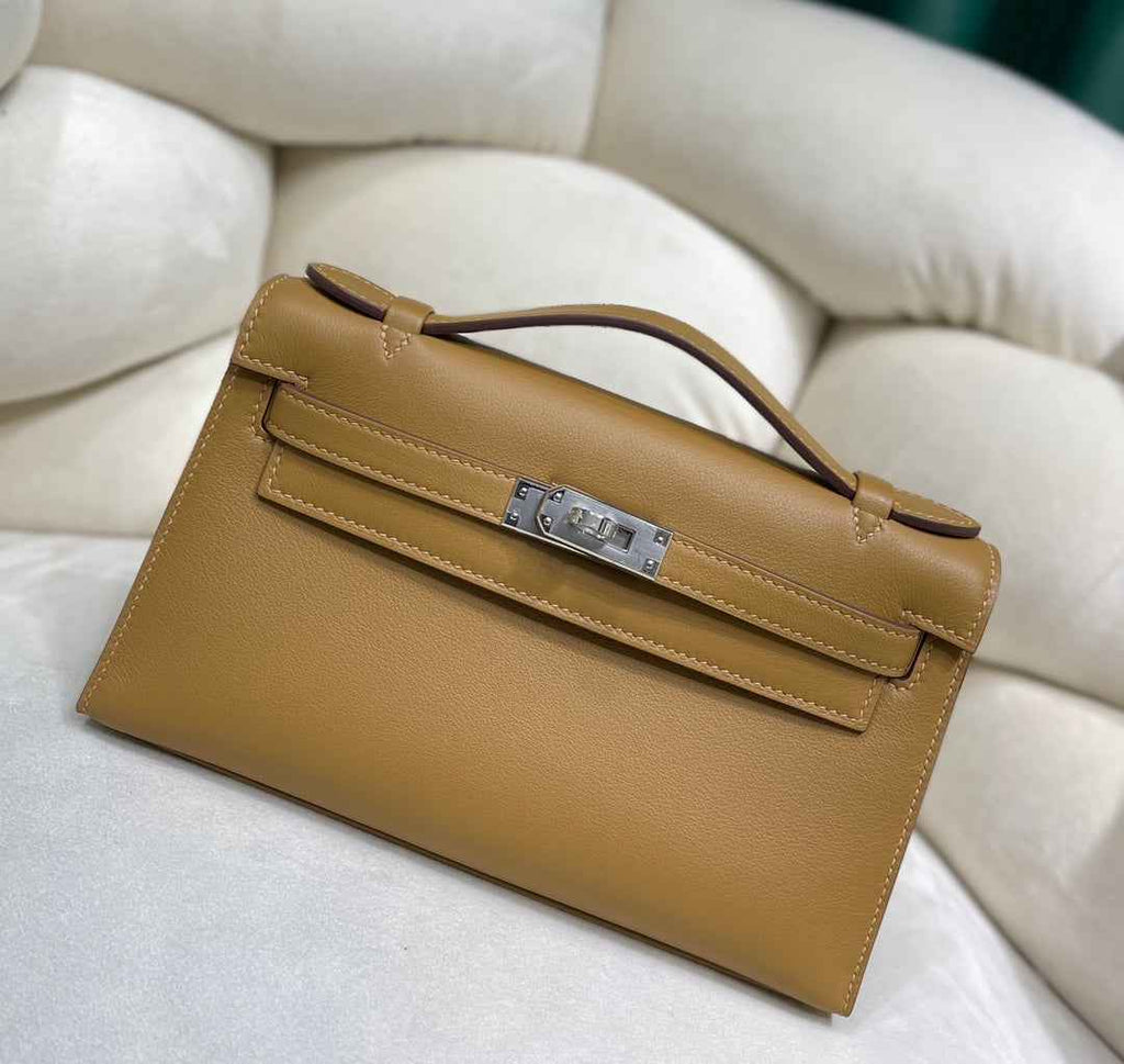 Hermes Kelly Bag 22 Camel Swift Leather Silver Hardware