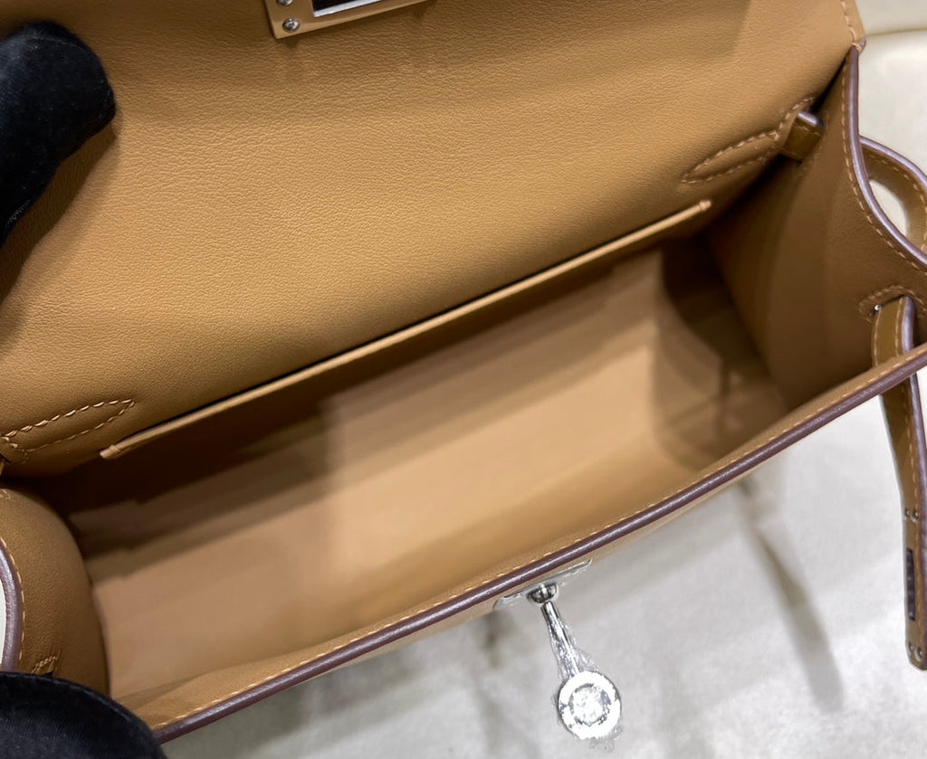 Hermes Kelly Bag 22 Camel Swift Leather Silver Hardware