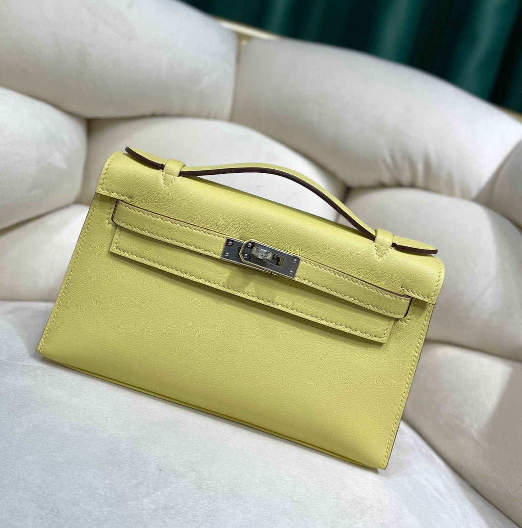 Hermes Kelly Bag 22 Lemon Swift Leather Silver Hardware
