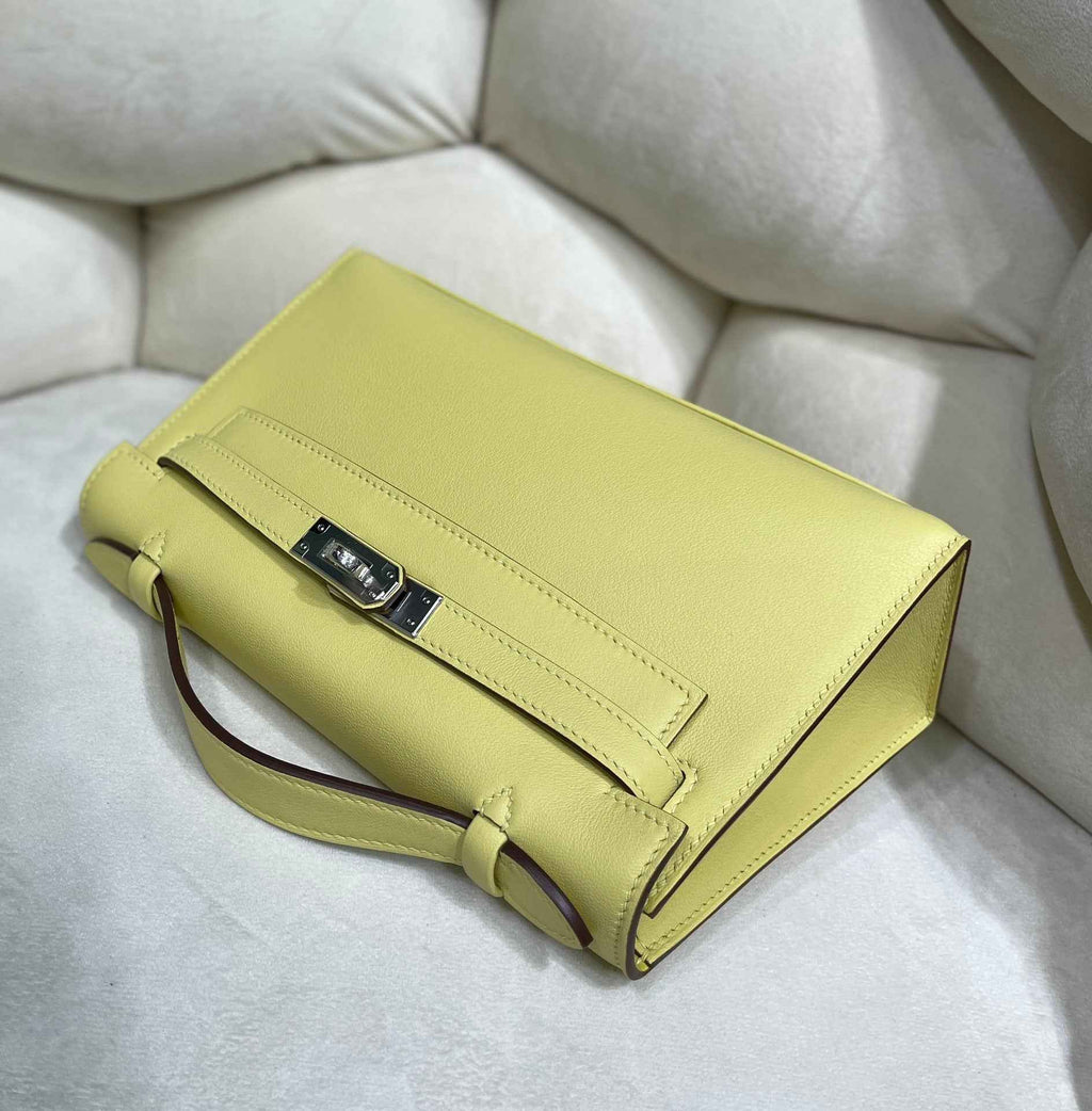 Hermes Kelly Bag 22 Lemon Swift Leather Silver Hardware