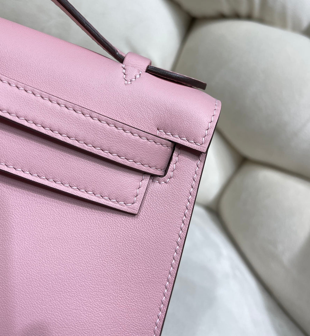 Hermes Kelly Bag 22 Pink Swift Leather Silver Hardware