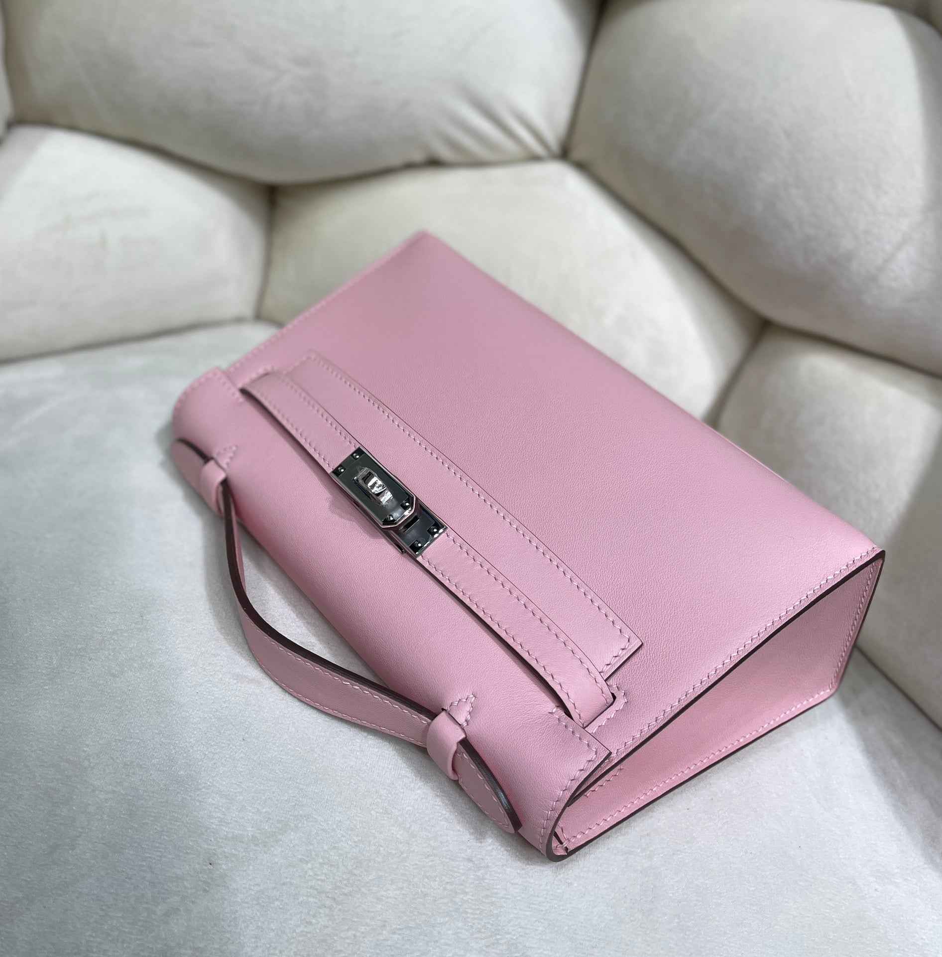 Hermes Kelly Bag 22 Pink Swift Leather Silver Hardware