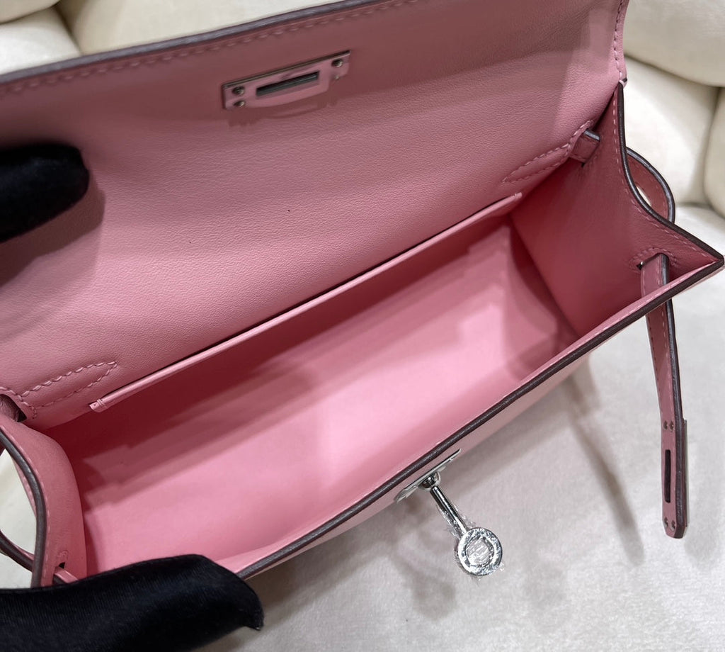 Hermes Kelly Bag 22 Pink Swift Leather Silver Hardware