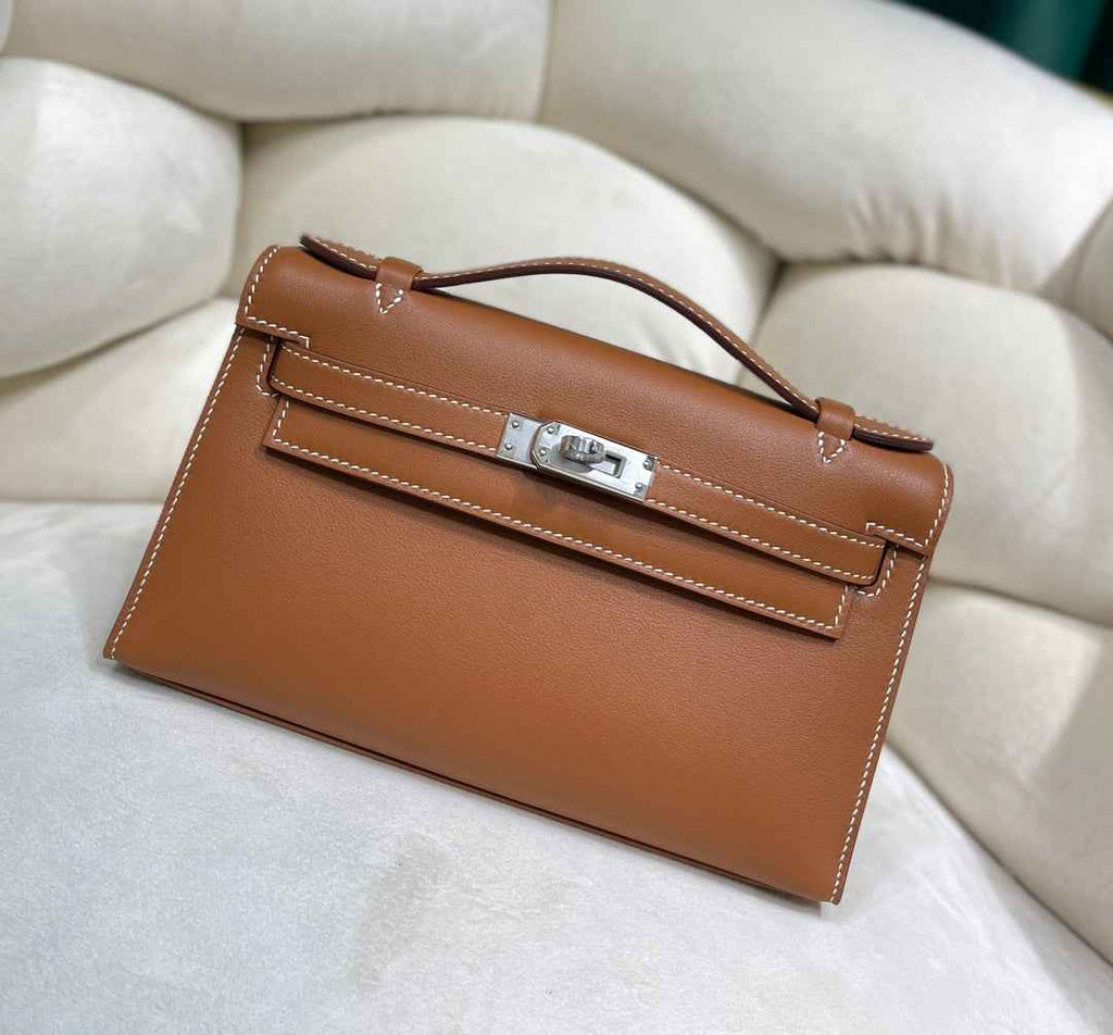 Hermes Kelly Bag 22 Brown Swift Leather Silver Hardware