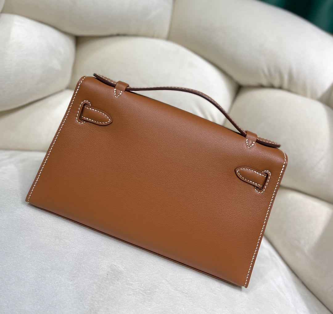 Hermes Kelly Bag 22 Brown Swift Leather Silver Hardware