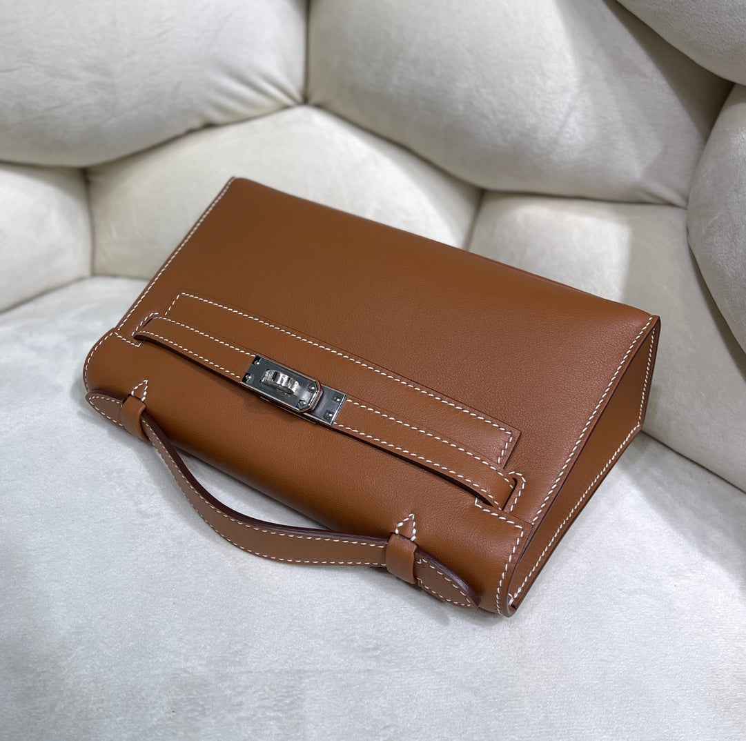 Hermes Kelly Bag 22 Brown Swift Leather Silver Hardware
