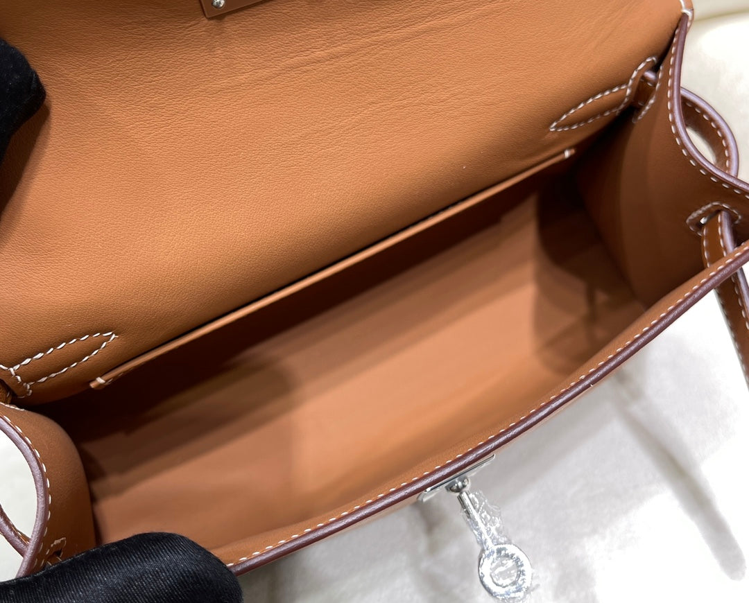 Hermes Kelly Bag 22 Brown Swift Leather Silver Hardware