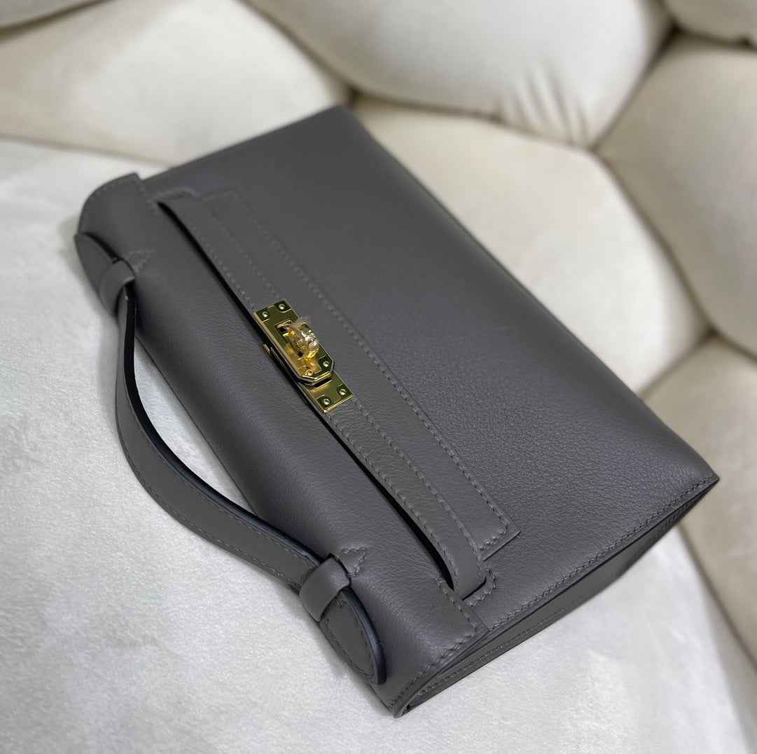 Hermes Kelly Bag 22 Dark Gray Swift Leather Gold Hardware