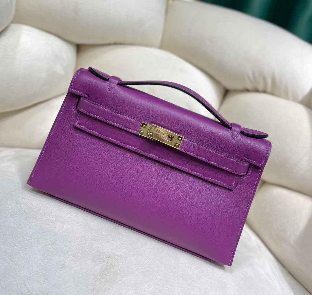 Hermes Kelly Bag 22 Purple Swift Leather Gold Hardware
