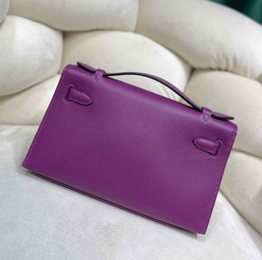 Hermes Kelly Bag 22 Purple Swift Leather Silver Hardware
