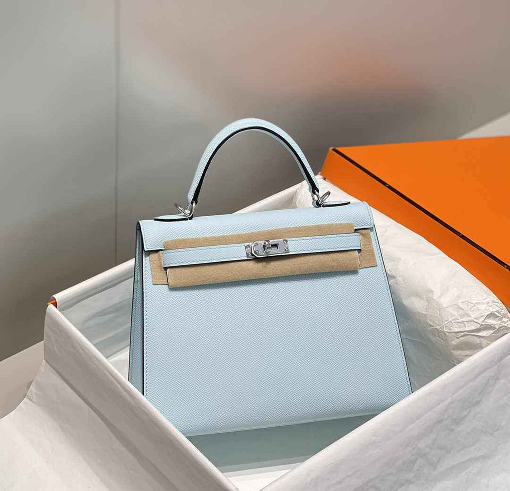 Hermes Kelly Bag 25 Light Blue Epsom Leather Silver Hardware H7100