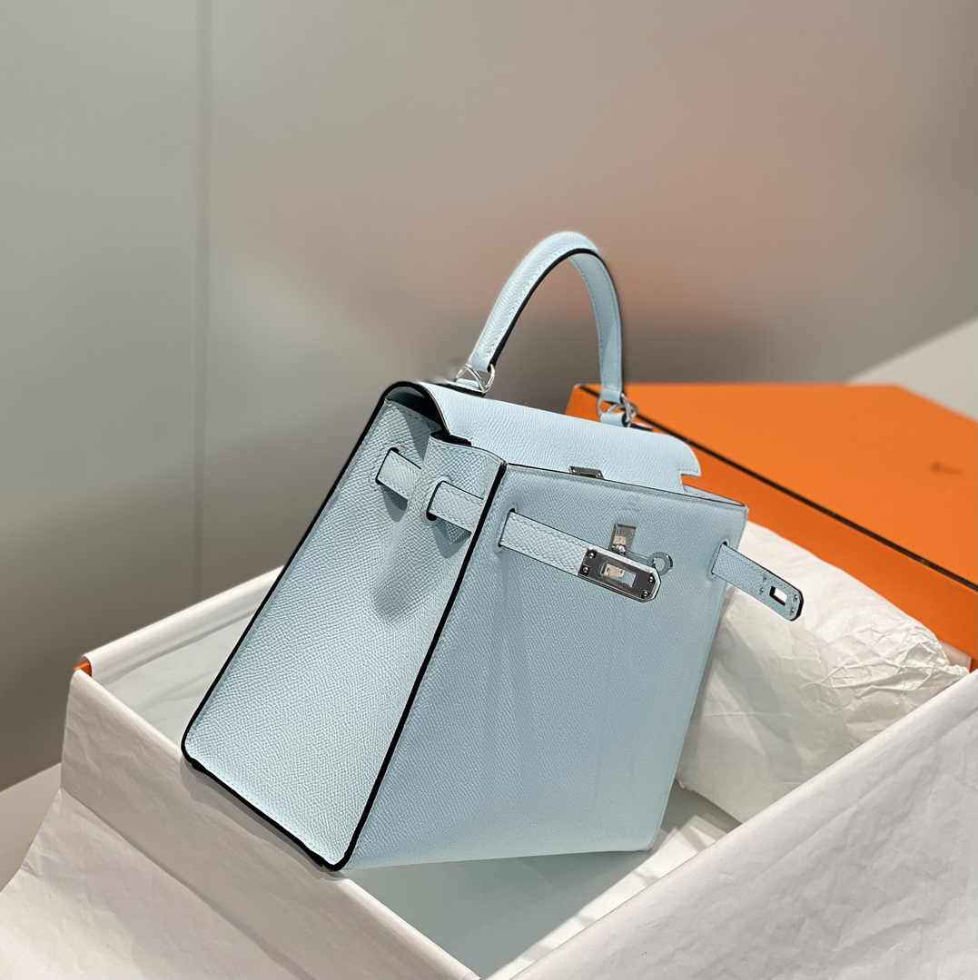 Hermes Kelly Bag 25 Light Blue Epsom Leather Silver Hardware H7100