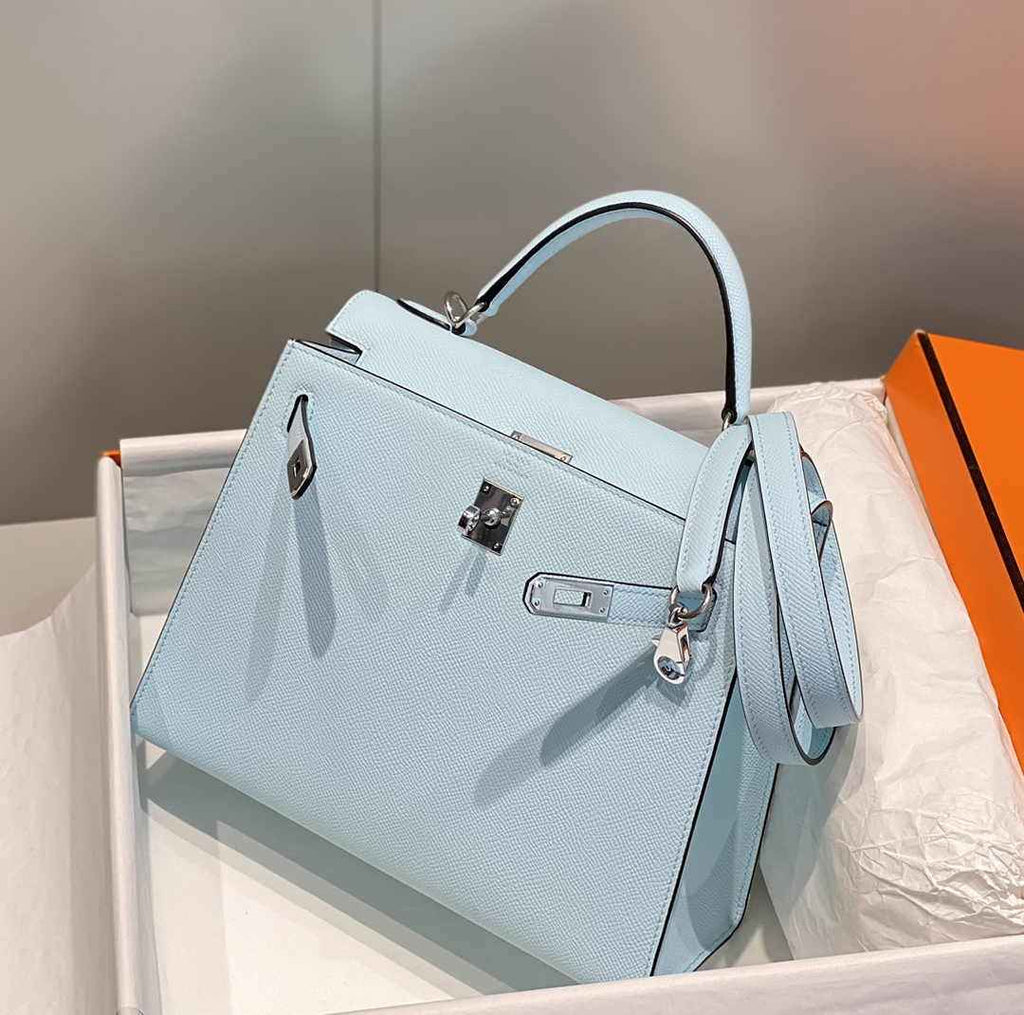 Hermes Kelly Bag 25 Light Blue Epsom Leather Silver Hardware H7100