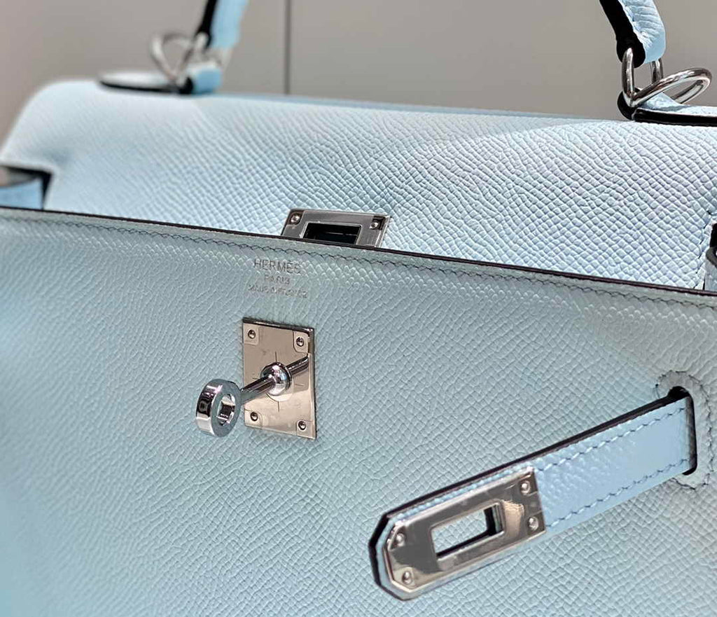 Hermes Kelly Bag 25 Light Blue Epsom Leather Silver Hardware H7100