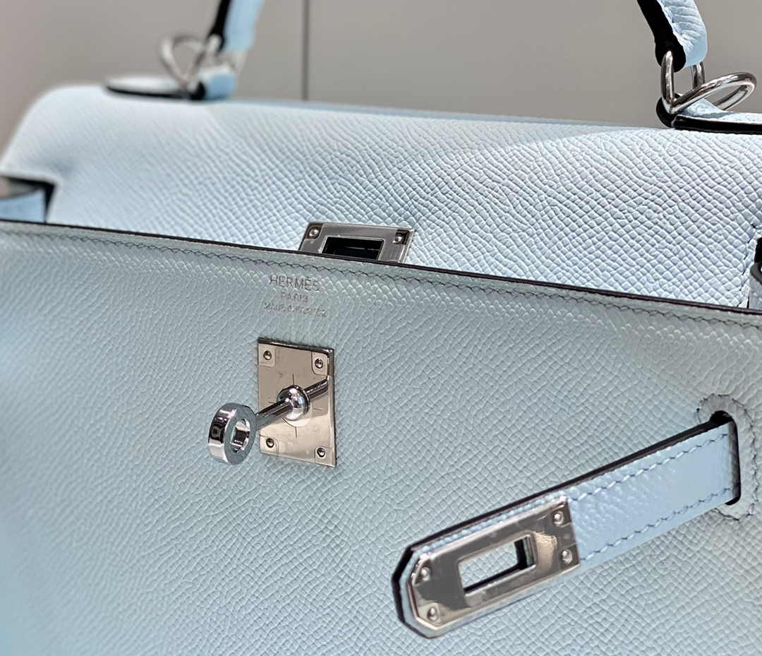 Hermes Kelly Bag 25 Light Blue Epsom Leather Silver Hardware H7100